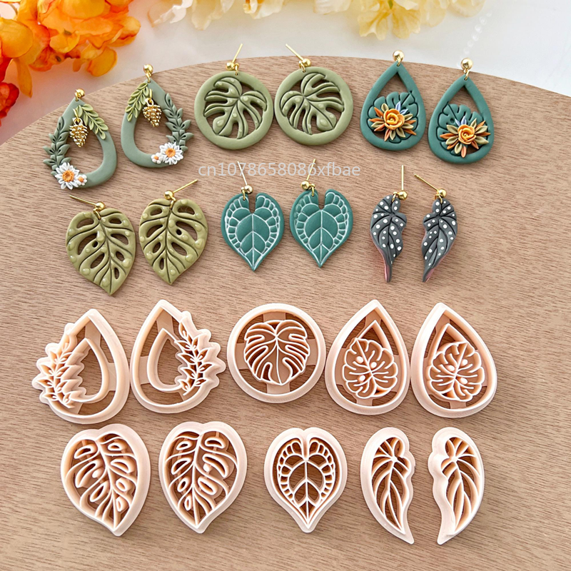 Cortadores de arcilla polimérica de hojas tropicales, hojas verdes en relieve, fabricación de cerámica, pendientes de arcilla colgantes, herramientas colgantes de joyería