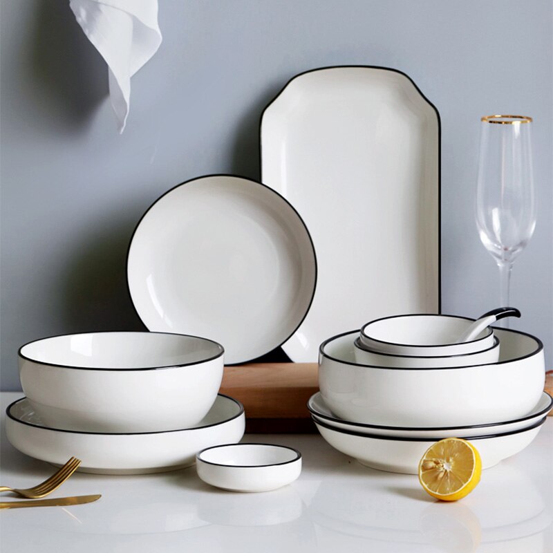 Płyta ceramiczna stek talerz styl skandynawski czarne obramowanie zastawa stołowa miska ins talerze obiadowe wysokiej klasy porcelanowa zastawa stołowa