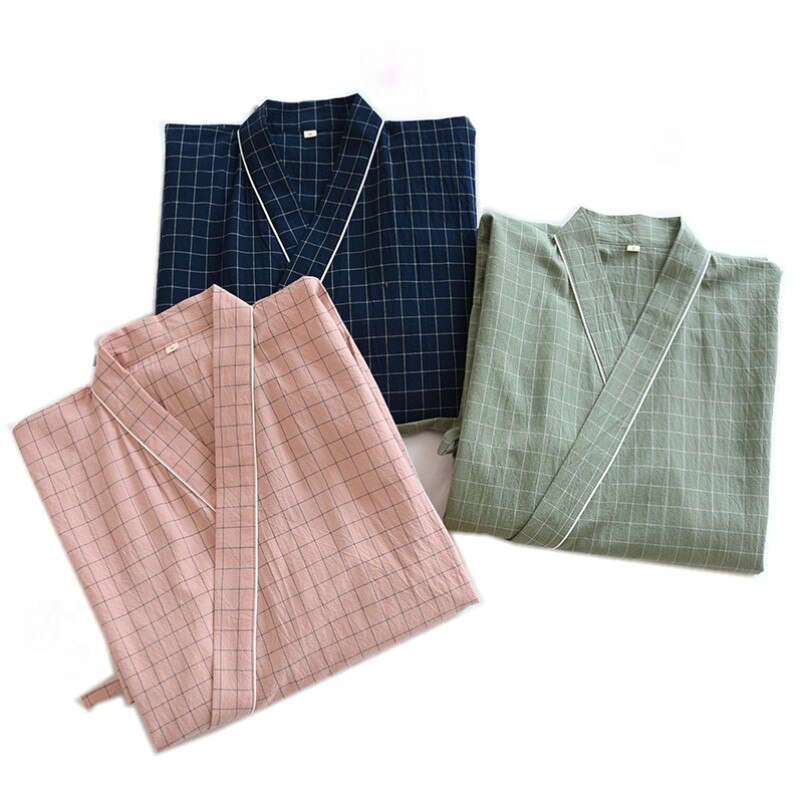 Bata de baño de algodón 100% para hombre, Kimono de estilo japonés, a cuadros, de gasa, suelta, ropa de dormir humeante