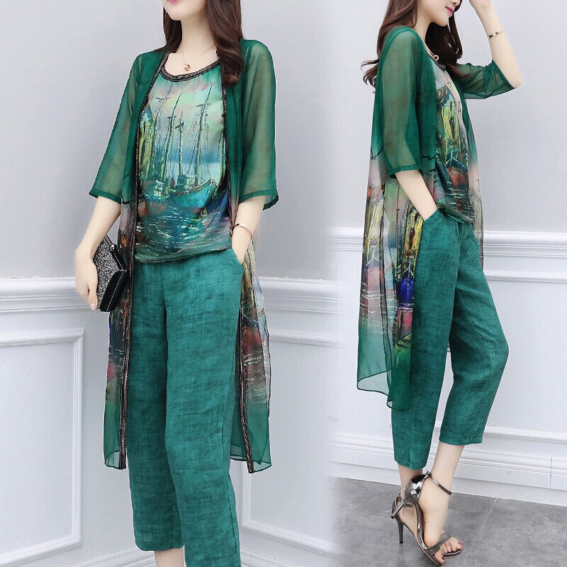 Women's 3-Piece Set - Chiffon Vest + Blouse + Cropped Pants - Casual Fashion Suit - MOKnife