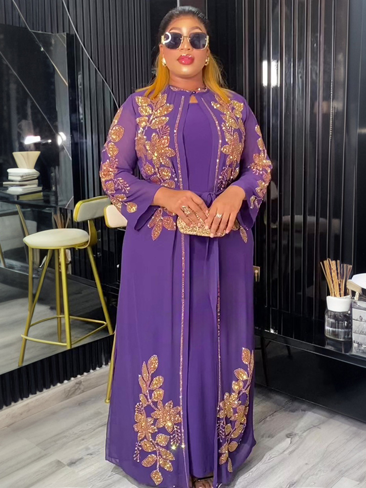 2025 chiffon vestidos de manga longa dubai luxo abayas para mulheres muçulmano 2 pçs conjunto roupas caftan marocain festa baile noite vestido: XXXL / ROXO