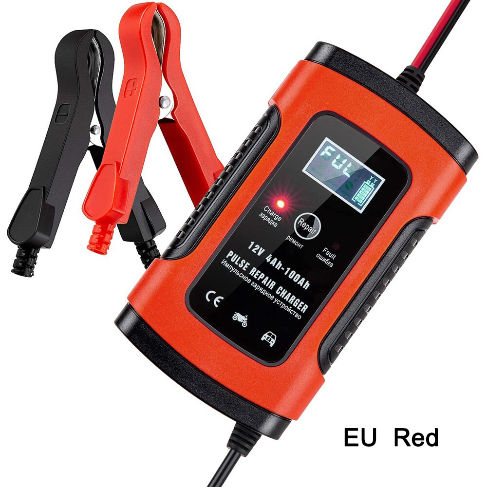 12V 6A Full Automatic Intelligent Car Motorcycle Battery Charger For Auto Moto Lead Acid Charging 6A 12V Digital LCD-Display: EU-Red