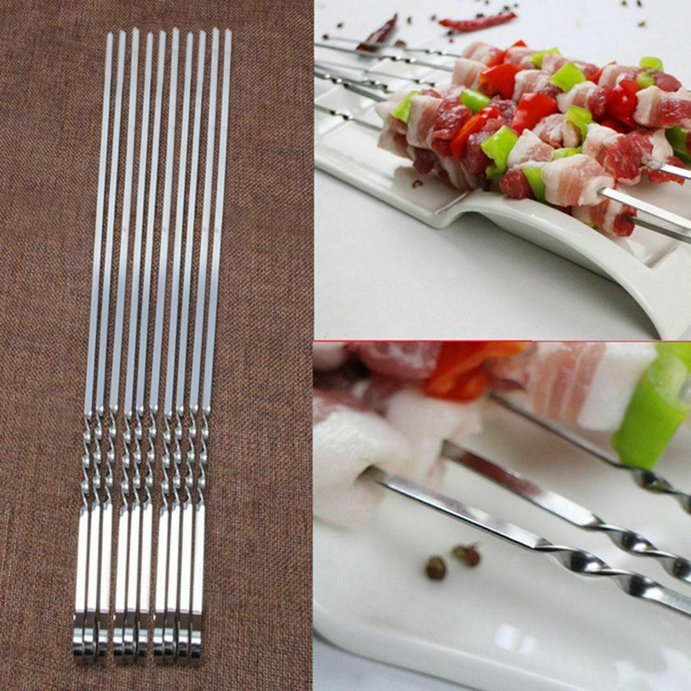 10 pçs de aço inoxidável churrasco espetos vara grill kebab longa agulha plana churrasco sinal ferramenta para churrasco