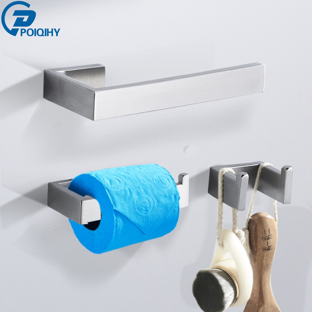Set de accesorios para el baño de POIQIHY 304 SUS, ganchos cuadrados para batas, colgador de barra de toalla, soporte de papel higiénico de níquel cepillado con montaje en pared