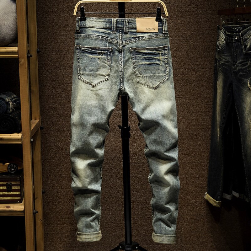 Ripped jeans til mænd slim fit retro blå stretch hip hop forår efterår herre jeans mærke ødelagt iturevne mænds denim jeans