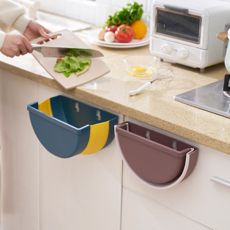 Wall Mounted Folding Waste Bin Door Cabinet Hanging Trash Can Bin Kitchen Bathroom Home Waste Storage Rack Box Cleaning Tool