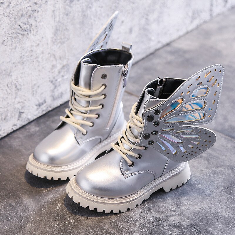 Herbst Winter freundlicher Schuhe Für Mädchen PU Leder Wasserdicht FlüGel Martin Stiefel Bunte Mädchen Prinzessin Stiefel KS649: Silber- / 36