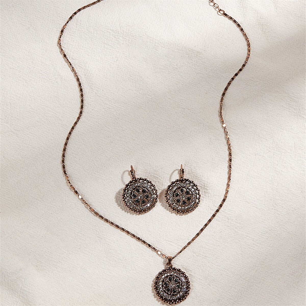 necklace stainless steel jewelry Trendy Vintage Oorbellen Ketting Set, Ronde Patroon Gegraveerde Diamond Earring Ketting, Banket Pendientes Collares