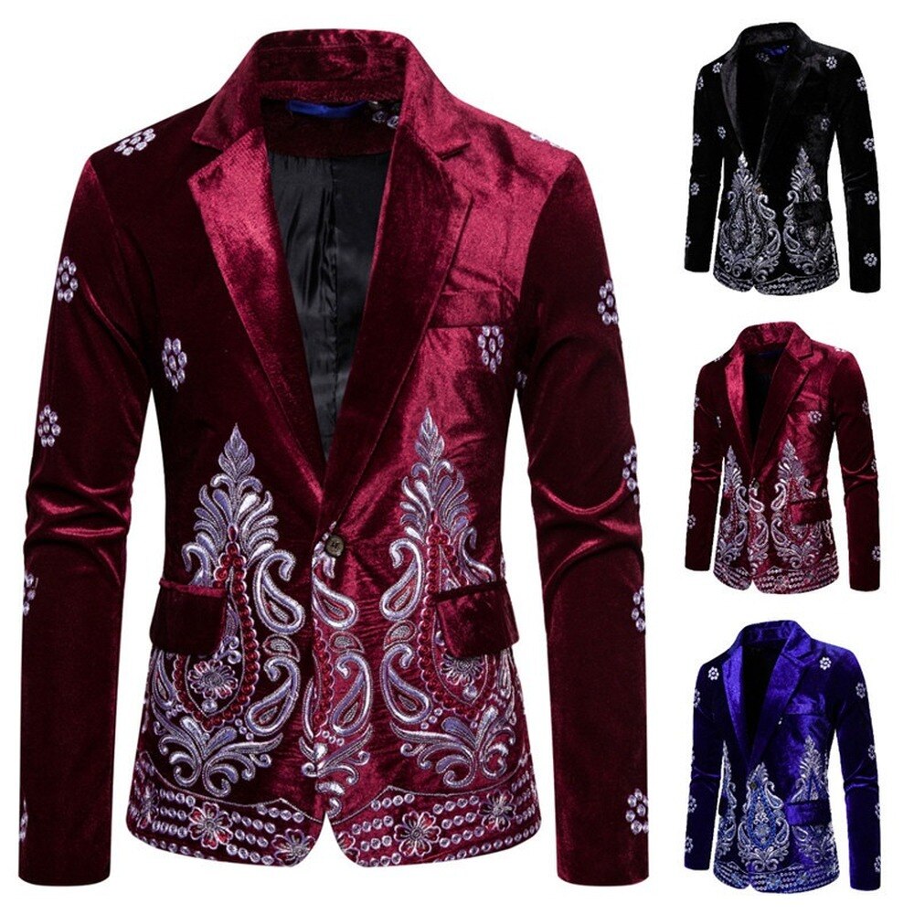 Herrbroderi sammet kavaj kavaj kavaj slim fit lyxrockar ytterkläder företag 3 färger