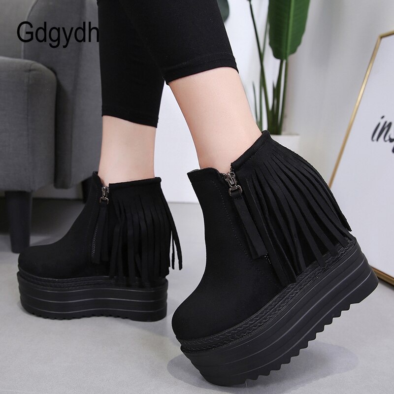 Gdgydh franje kwastje sleehak laarzen dames plateau schoenen voor herfst winter ronde neus enkellaarsjes dames zijrits zwart flock