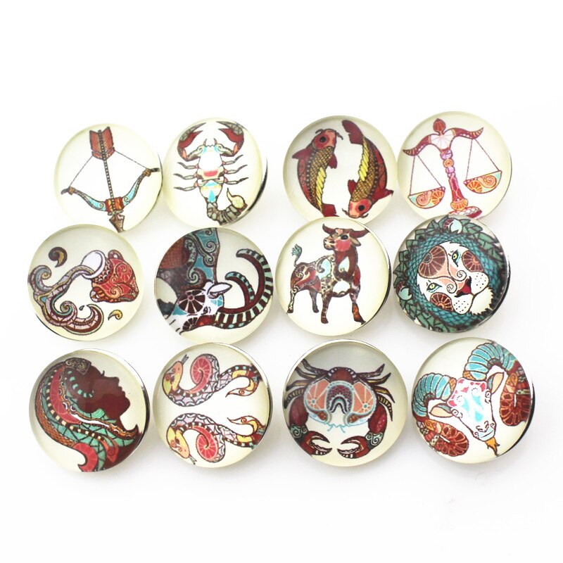 12 stuks/partij glas 12 sterrenbeeld drukknopen 18mm leren sluiting drukknopen armbanden drukknopen sieraden
