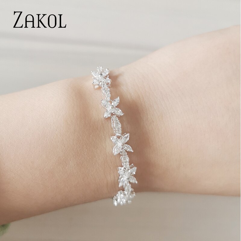 Zakol Vrouwen Wedding Party Cz Zirkoon Bloemen Chain Verstelbare Koord Armbanden FSBP3050