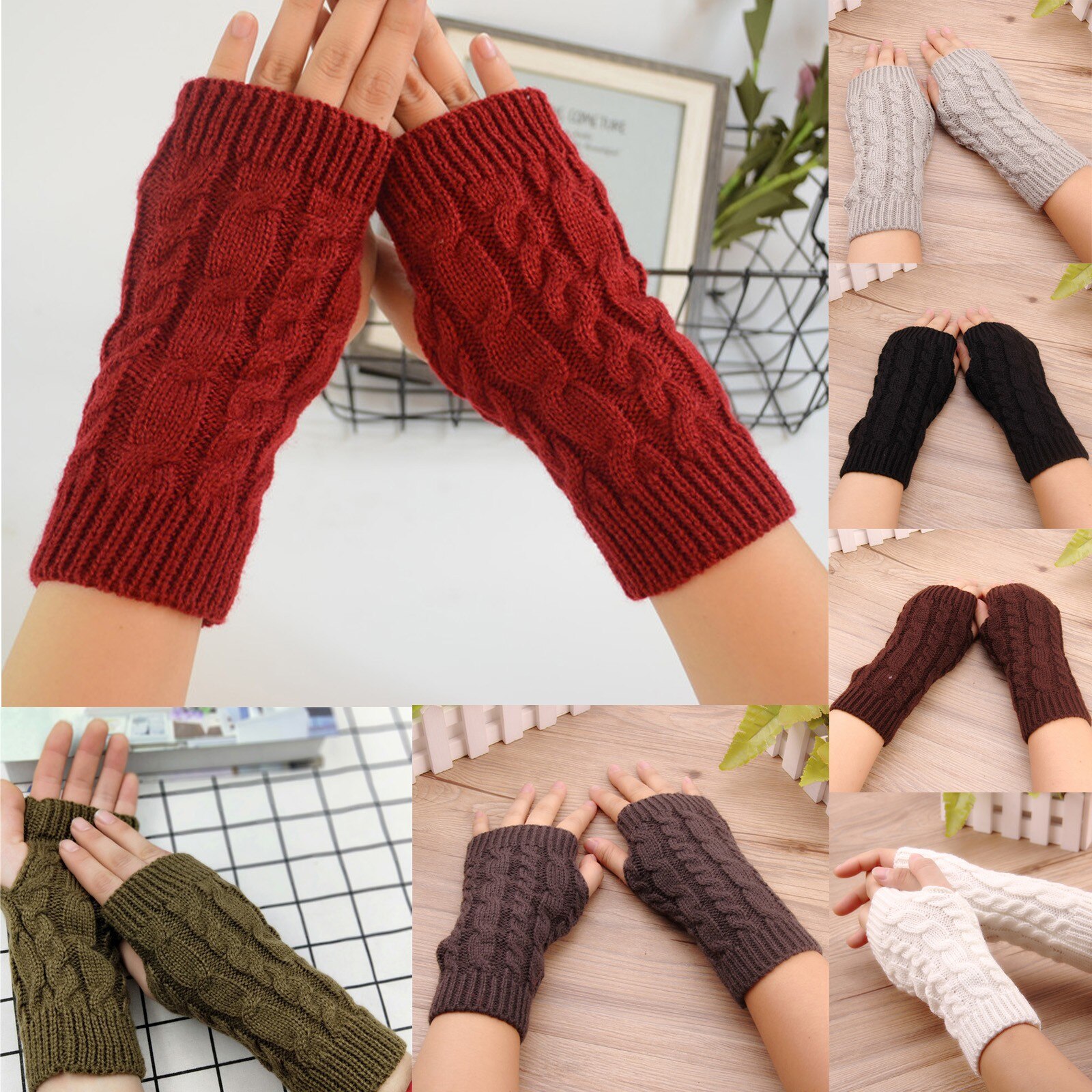 Women Winter Knitted Fingerless Wool Mitten Warm Solid Stretch Half Mitten Lady Knitting Short Cashmere Mittens For Mobile Phone