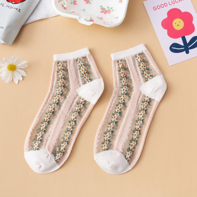 Spring and Summer Japan Style Small Flower Card Silk Retro Female Socks Glass Silk Broken Flower Mid- Tube Casual Sox: Light Pink