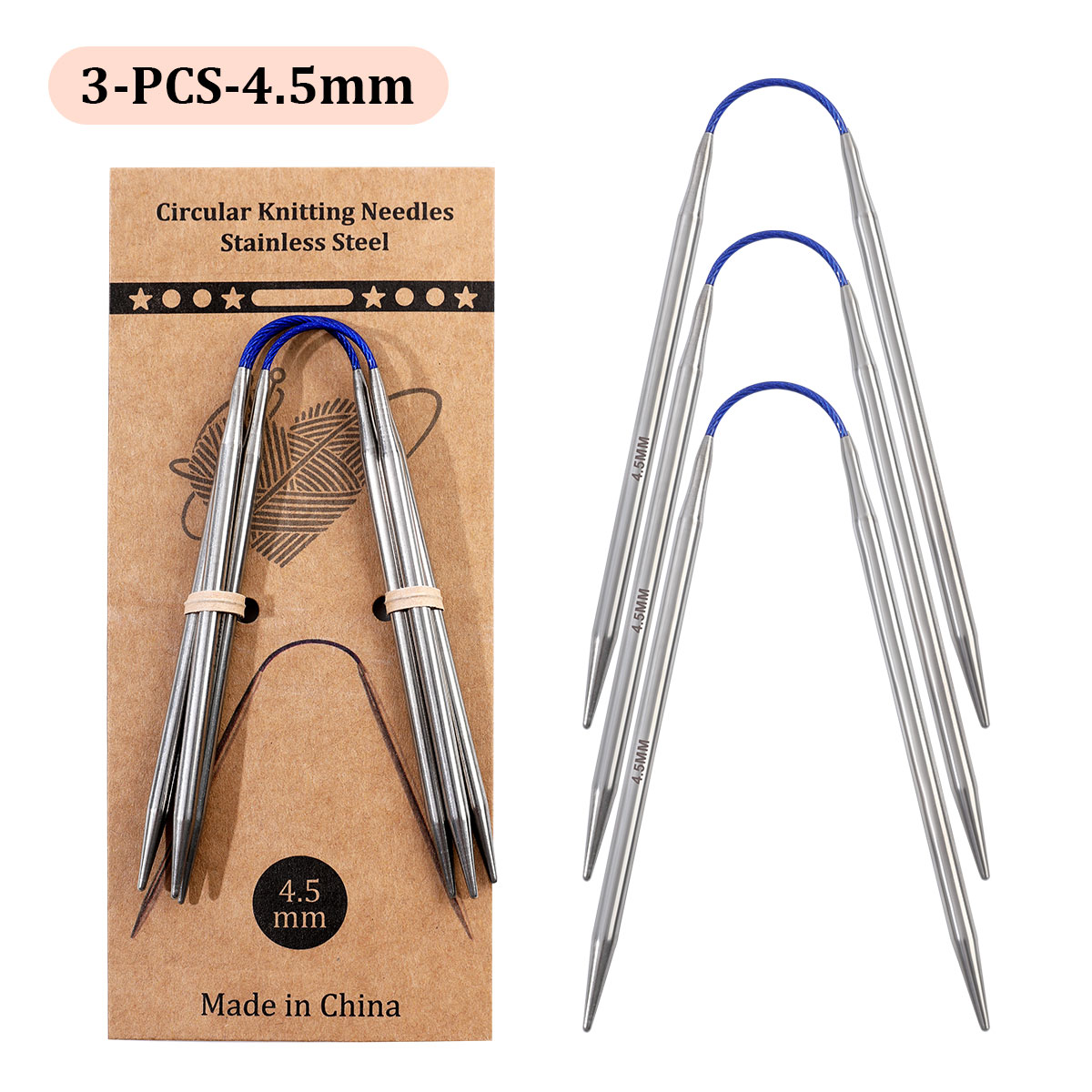 Agujas circulares cortas de 23cm, herramientas de tejer a mano huecas de acero inoxidable para manualidades de lana DIY: Plata