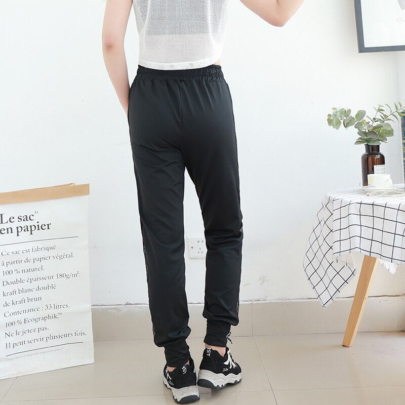 Women High Elastic Waist Running Pants Side Mesh Striped Patchwork Breathable Korean Style Sport Jogging Small Leg Open Trousers