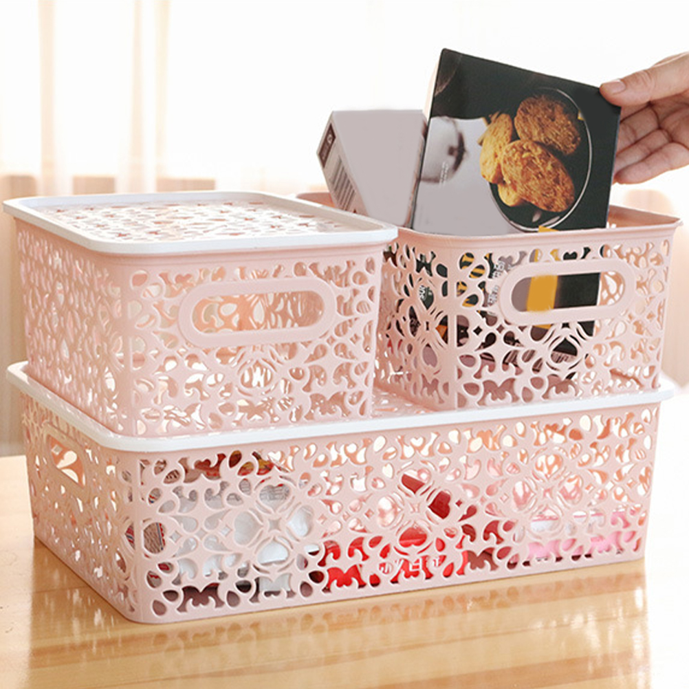 Caja de almacenamiento de plástico, contenedor de almacenamiento apilable, cesta de almacenamiento delicada hueca con tapa para ropa, juguete, suministros para el hogar