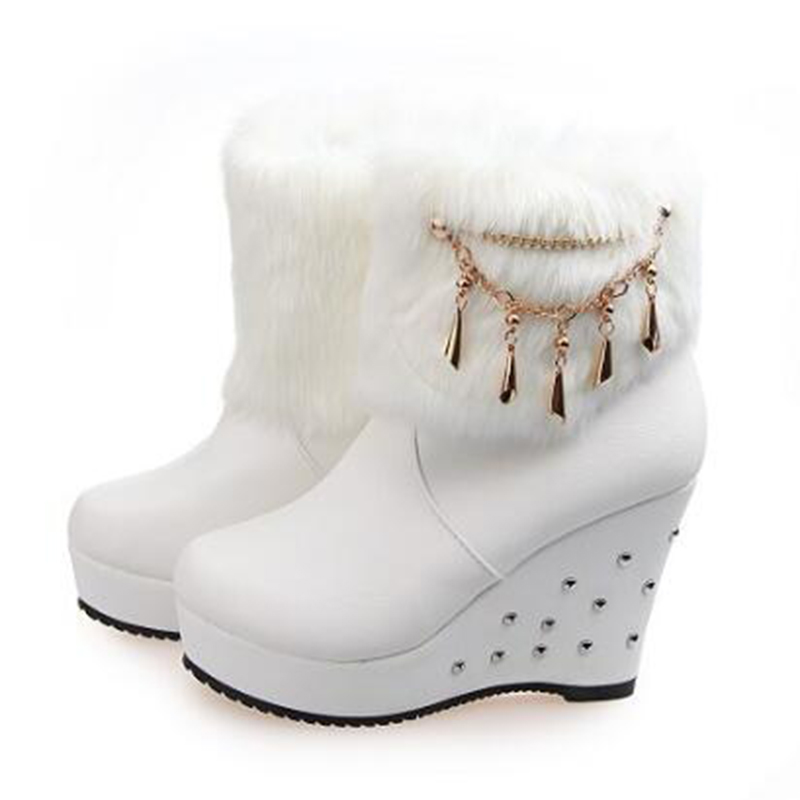 Covoyyar Wedge Laarzen Kralen Winter Vrouwen Schoenen Platform Warm Bont Schoenen Vrouw Enkel Witte Snowboots WBS4015: whitebead / 7.5