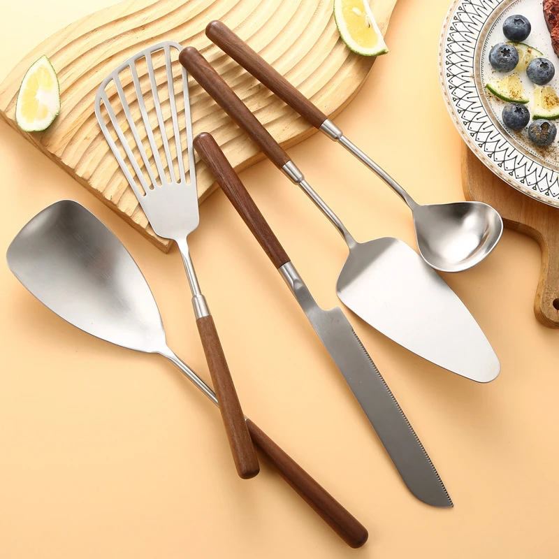 Utensílios de cozinha com cabo de nogueira, faca de bolo de aço inoxidável, pá, colher de arroz, concha de sopa, componente de serviço de restaurante