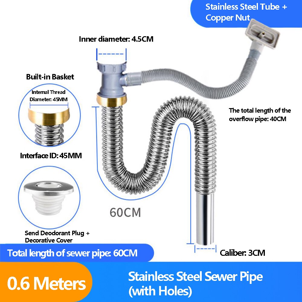 0.6M/0.8M/1M/1.3M Gootsteen Afvoer Slang Gootsteen Fittingen Afdruiprek Afvoer slang Rvs Vaatwasser Zwembad Enkele Tank: 0.6M-with Holes