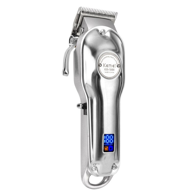 Kemei 1986 cortadora de pelo eléctrica todo Metal Clipper LCD Digital inalámbrico hombres plata oro máquina de corte de pelo Barbe: Plata / Enchufe estadounidense