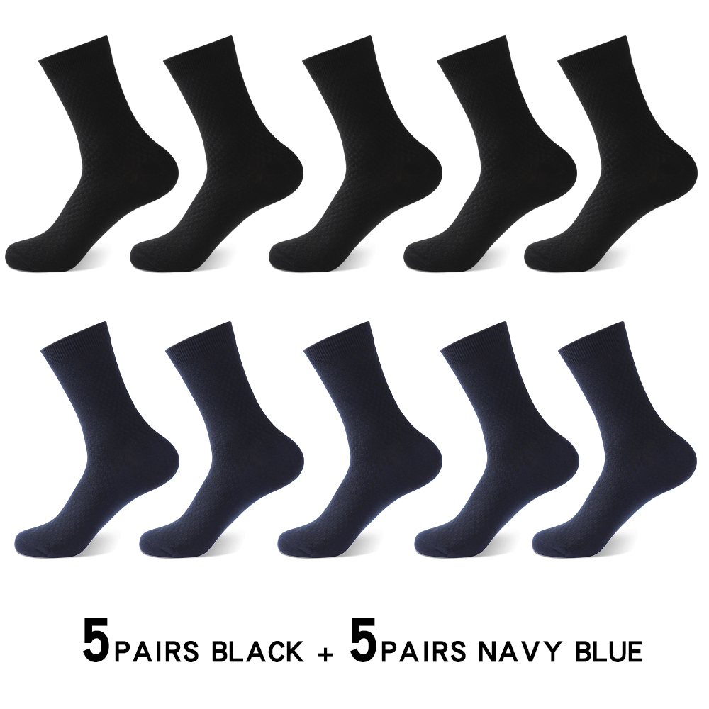 10Pairs Casual Bamboo Fiber Men's Socks Business Breathable Deodorant Compression Socks Men Long Big Size EUR 38-46: 5BLACK 5NAVY BLUE