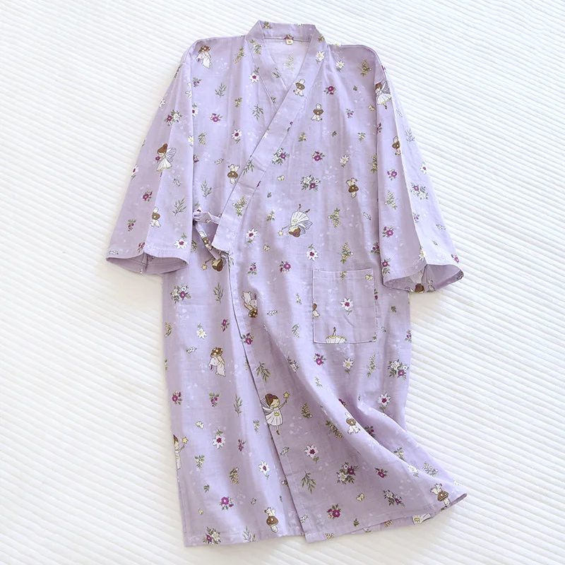 Albornoz tipo kimono de algodón para mujer, ropa de casa holgada, pijamas, batas para mujer, cárdigan estampado multicolor, ropa para dormir, bata para mujer: M / Rojo coral