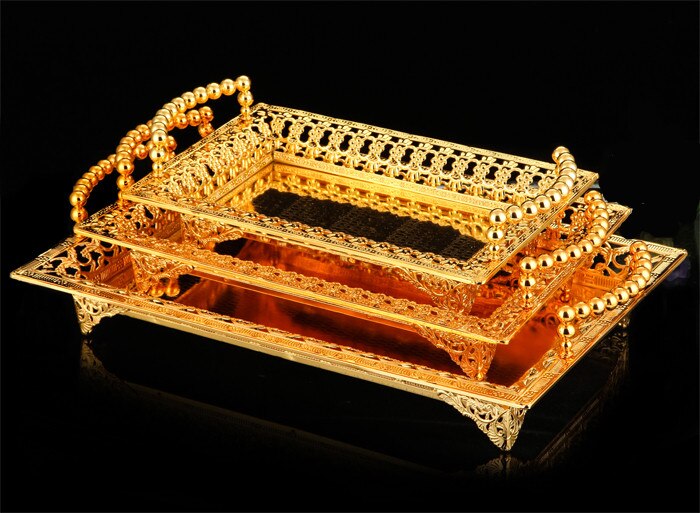 Gouden fruitbord, bureaucombinatie, opbergschaal met gouden rand, feestschaal, taart, fruitstandaard voor thuisdecoratie.