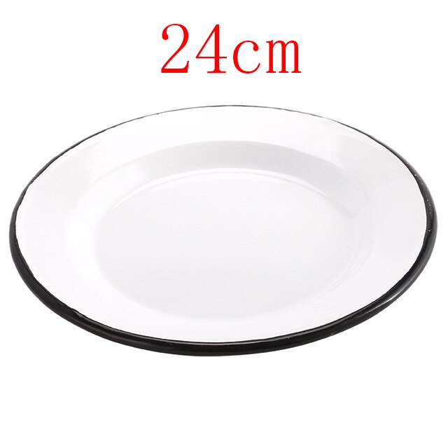 15-26cm Thick Enamel Bowl Household Disc Breakfast Tableware Dinner Plate European Enamel Tableware Set White Crimping: 24cm