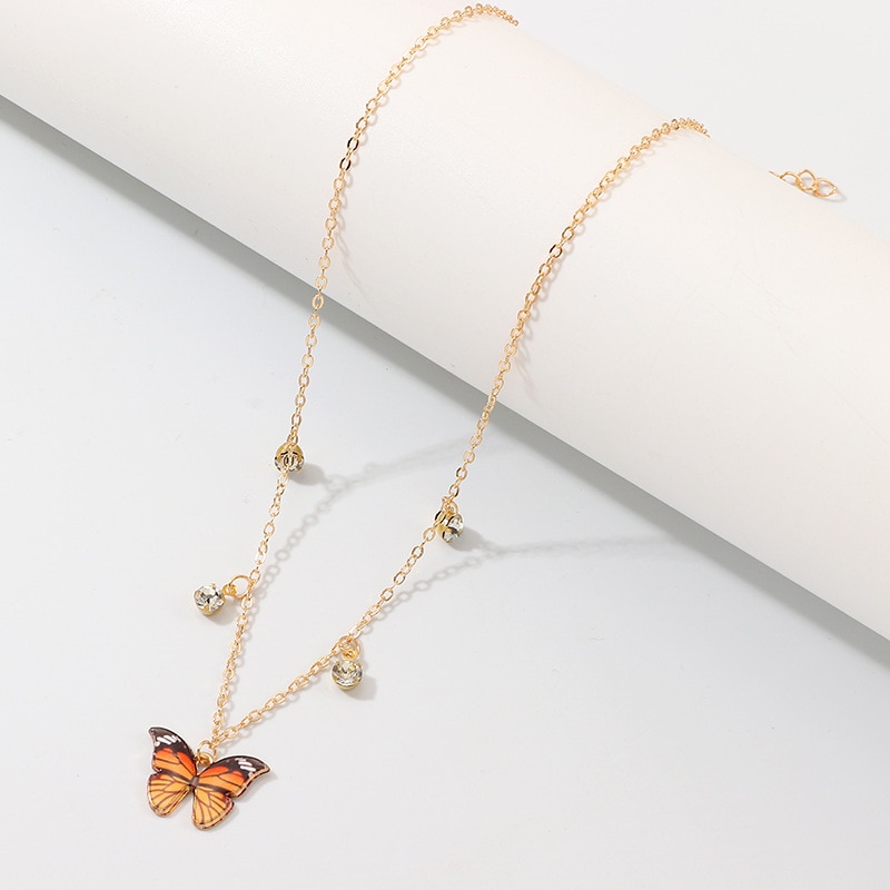 Luxury European Women Butterfly Pendant Necklaces Female Colorful Rhinestone Gold Chain Simple Choker Necklace Jewelry For Girls