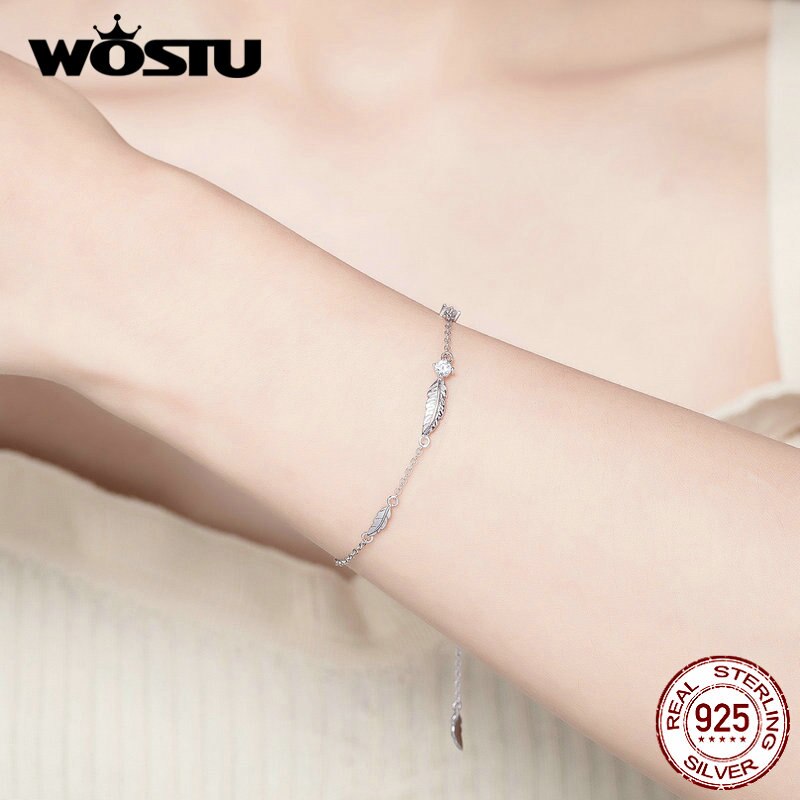 WOSTU European Style Feather Bracelets 925 Sterling Silver CZ Stone Chain Link For Women Wedding Party Silver 925 Jewelry CQB133