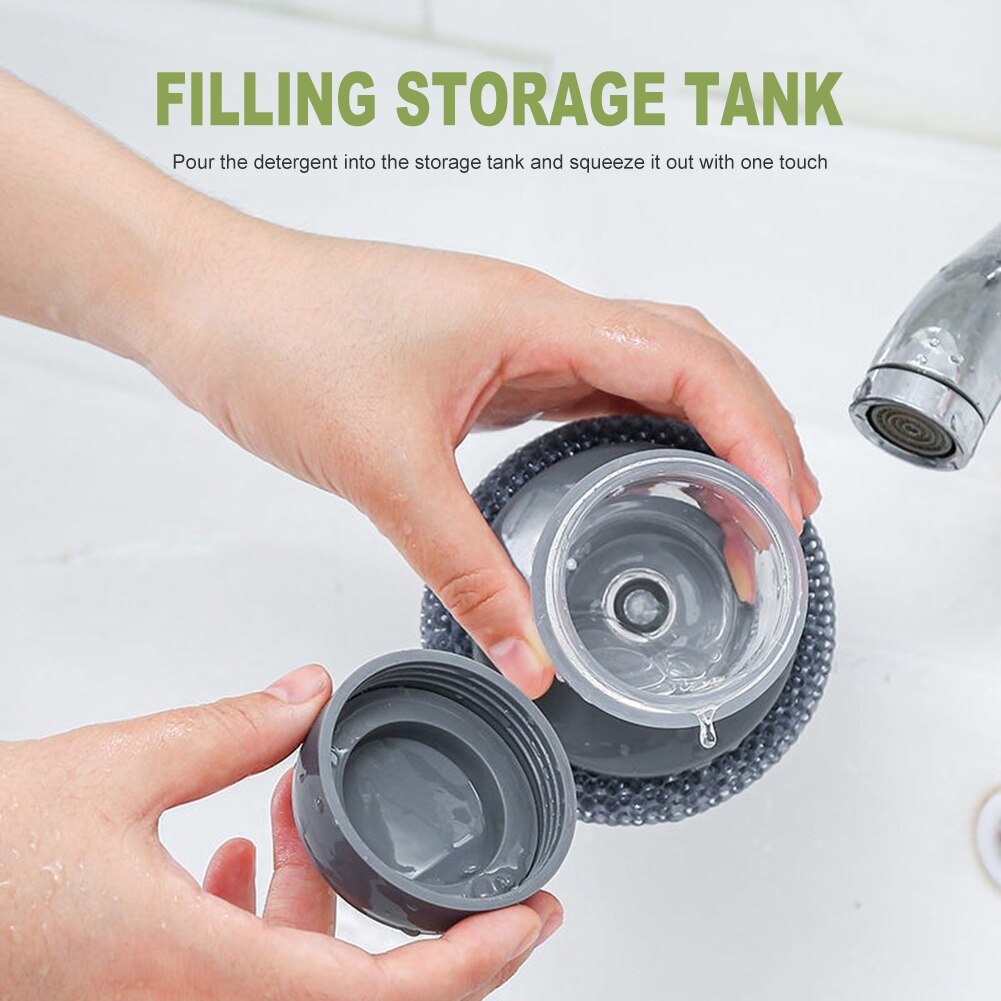 Soap Dispensing Palm Brush with Storage Tank Steel Wire Ball Dish Pot Cleaning Scrubber Brush Kitchen Accessories
