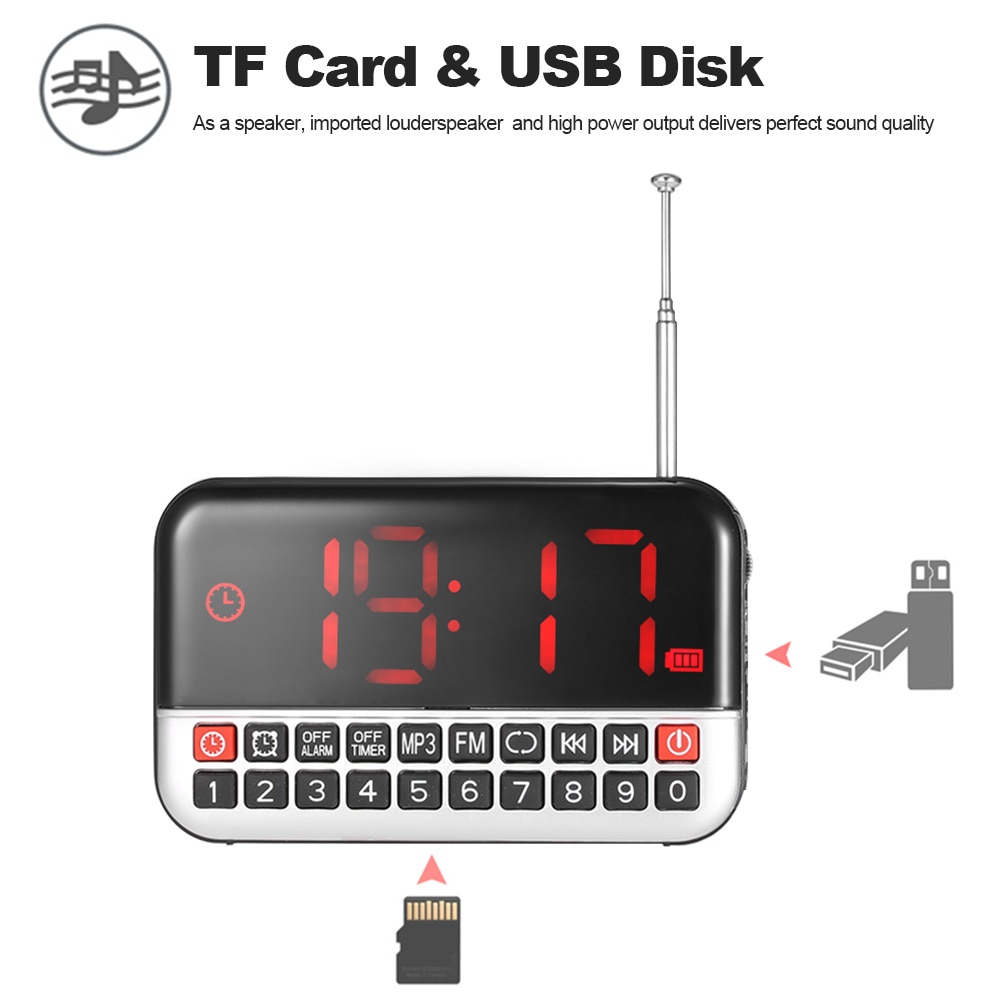 Longruner FM Radio Digital Stereo Speaker 12cm LED Display Alarm Clock & Clock USB Disk TF Card AUX 1500mAh Battery