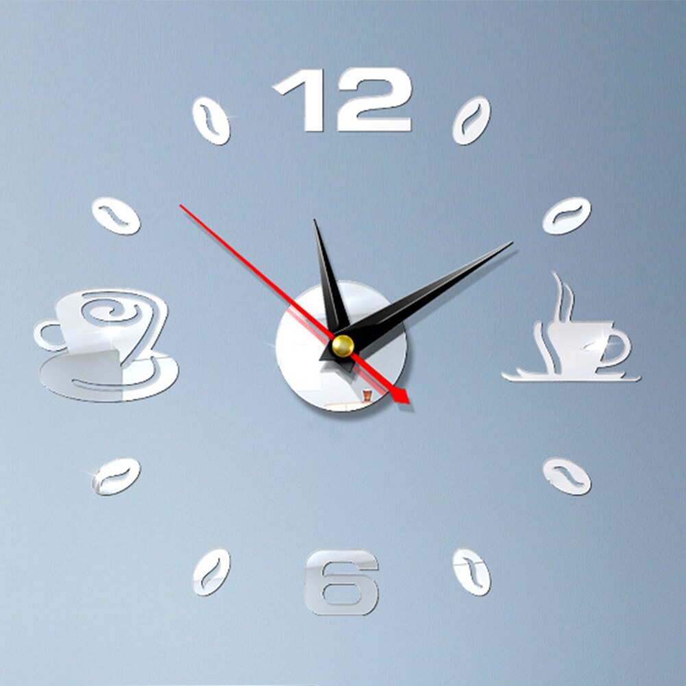 Grande horloge murale auto-adhésive, décoration silencieuse 3D, horloge de cuisine surdimensionnée, autocollant mural en acrylique, miroir: Mirror Silver