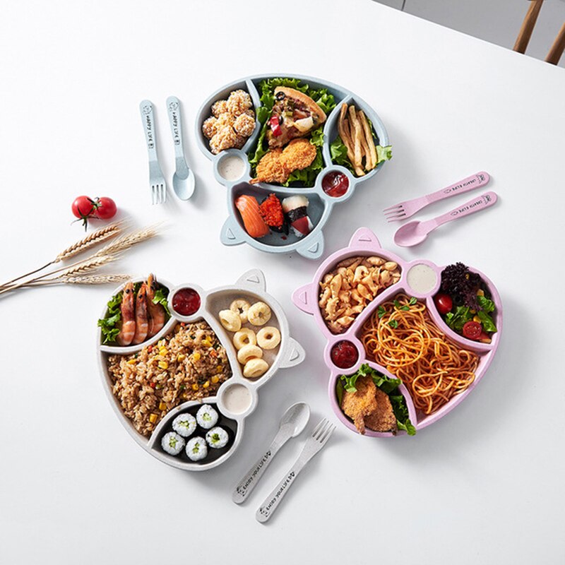 Juego de platos con dibujos de gatos para niños, paja de trigo, comida sólida, cuchara, tenedor, plato, plato duradero, bandeja para la cena y el almuerzo.