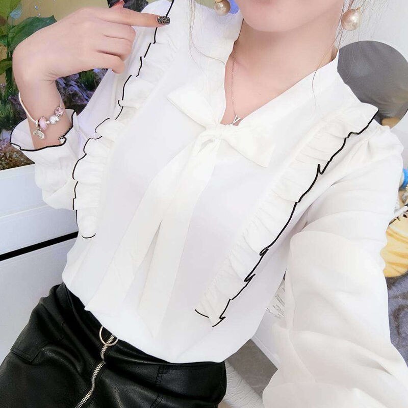 Dames lente zomer stijl chiffon blouses shirts dames casual lange mouwen ruches decor strik kraag blusas tops  dd8828