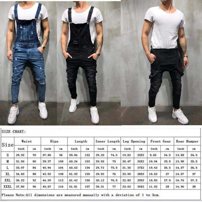 Monos vaqueros negros para hombre, pantalones Cargo rasgados de mezclilla con tirantes, ropa de trabajo, pantalones vaqueros azules de retales, novedad