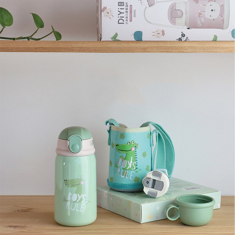 Taza de alimentación de dinosaurio para bebé, termo de leche de acero inoxidable para niños, botella de agua aislada, taza térmica con fugas, 360ml: green