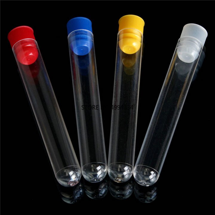 50 stuks 12x100mm Clear Plastic reageerbuizen met plastic blauw/rood stopper push cap voor school experimenten en tests