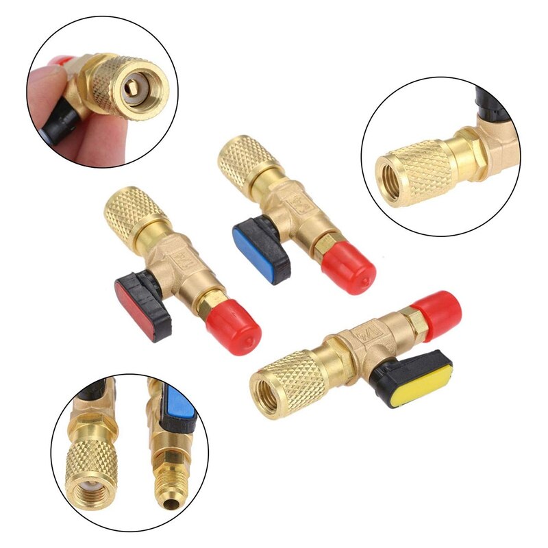 3Pcs/Set Brass R410A Refrigerant Straight Ball Valves AC Charging Hoses Brass 1/4 inch Male To 1/4 inch / 5/16 inch Female SAE V