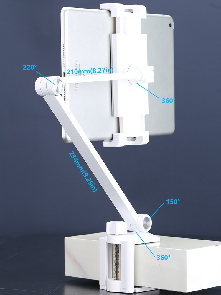 Suporte rotativo para celular com braço longo, altura/ângulo ajustável, liga de alumínio, suporte para tablet, ipad pro