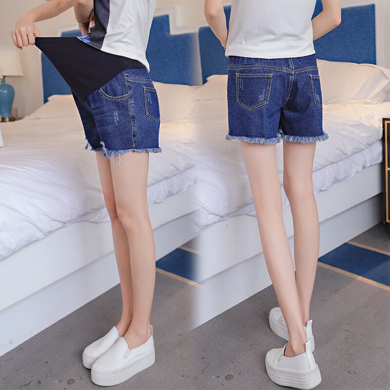 Pantalones vaqueros cortos rotos para mujer, ropa de maternidad con vientre ajustable, para preganné, ropa de embarazo con agujero, talla grande