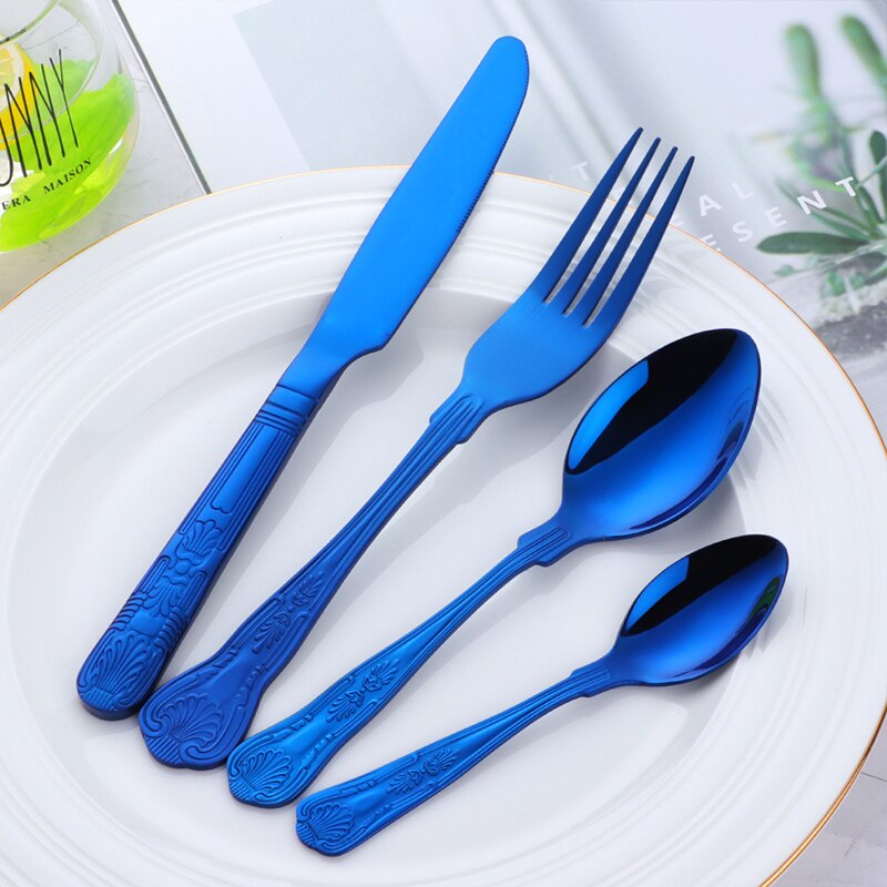 4-24PCS Luxury Flatware Set Stainless Steel Tableware Knives Forks Dining Dinner Spoon And Fork Western Food Dinnerware: 4 sets (16pcs) / blue