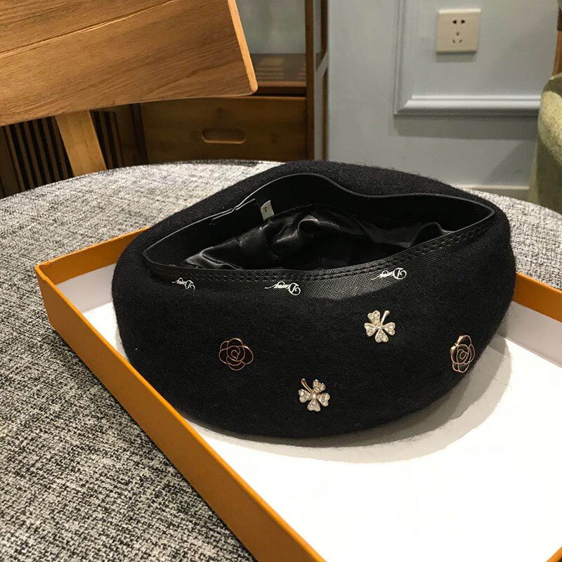 Boina de lana con abeja de cristal para mujer, gorro de lana para invierno, otoño y primavera, color sólido, Boina de