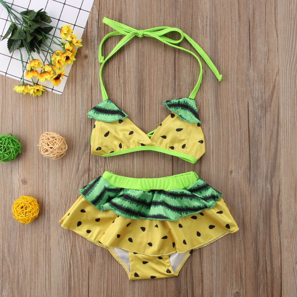Baby Girl Yellow Watermelon Printed Ruffled Bikini Tankini Sets Kids Summer Beach Two Pieces Swimsuit Swimwear Bathing Suit