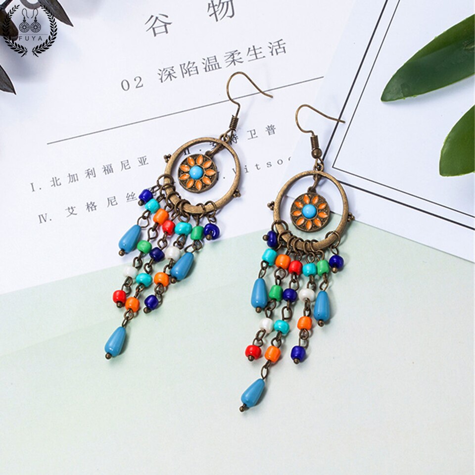 Bohemian long acrylic beads tassel earrings jewelry Boho ethnic round sun flower pendant dangle earrings for women