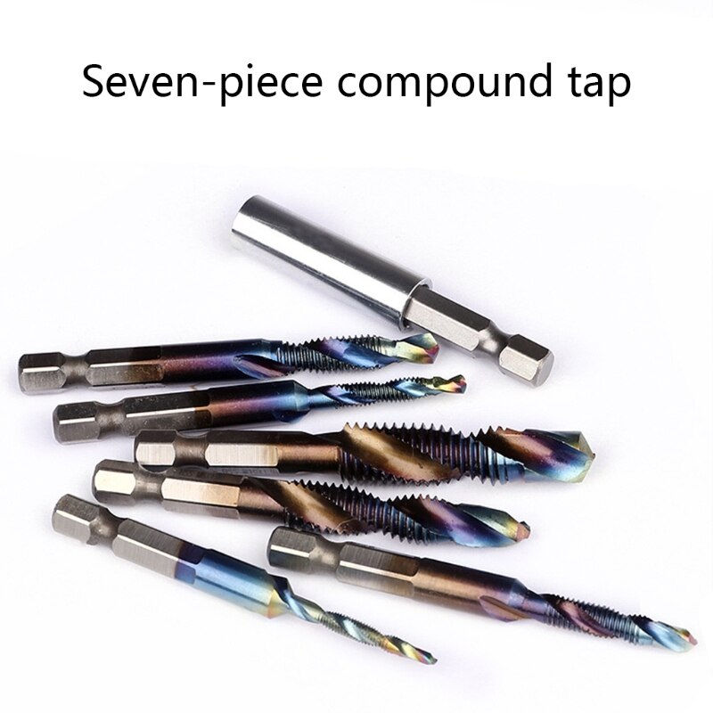 7pcs/set M3-M10 Hex Shank Blue Coated Screw Thread Metric Compound Tap Drill Bits with Extension Rod G8TB