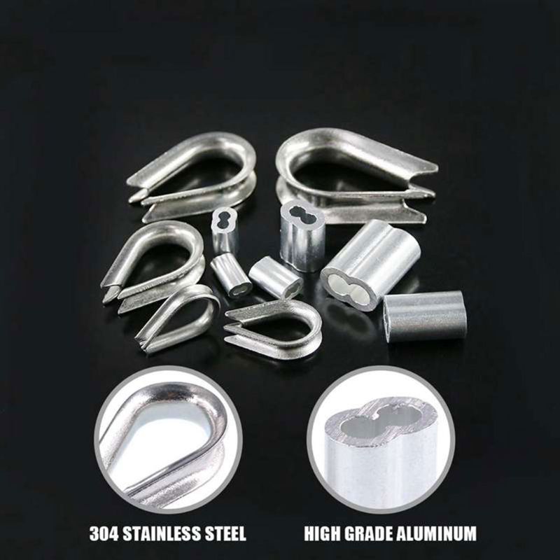 250Pcs 304 Stainless Steel Wire Rope Cable Thimbles Combo and Aluminum Loop 649E