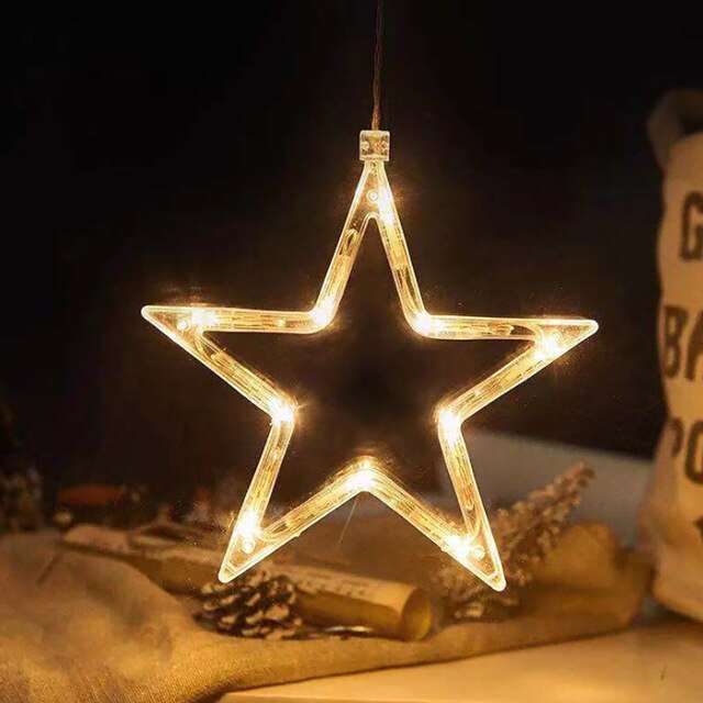 LED Christmas Lights Battery Power Supply Christmas Tree Snowman Elk Chandelier Indoor Outdoor Glass Window Suction Cup Light: Five-pointed star