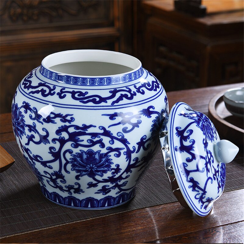 Blue and White Porcelain Tea Caddy Ceramic Simple Candy Coffee Storage Tank with Lid Large Sealed Cans Household Spice Jar